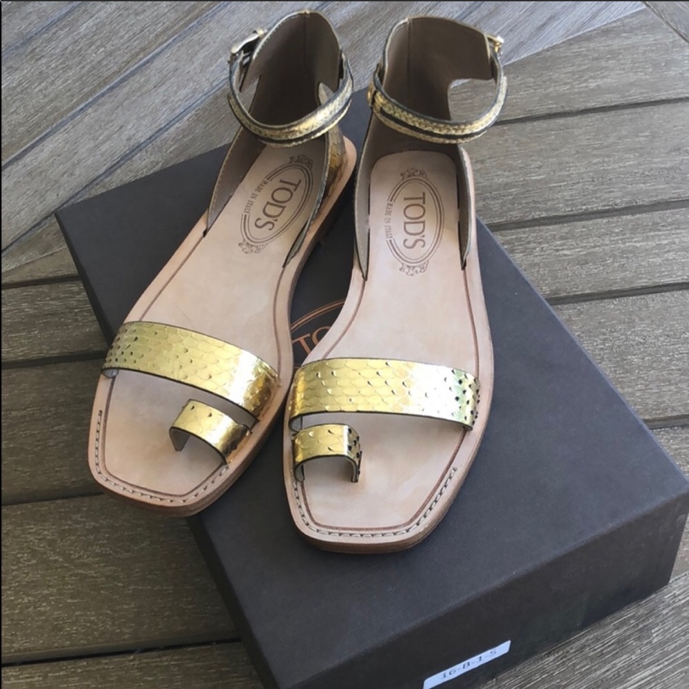 Tod's Snakeskin Ankle Strap Flat Sandals Gold 6.5 - Picture 6 of 8
